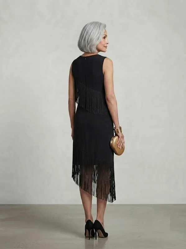 Cascade Fringe Dress | Black Asymmetric Fringe Mini Dress — photo 3