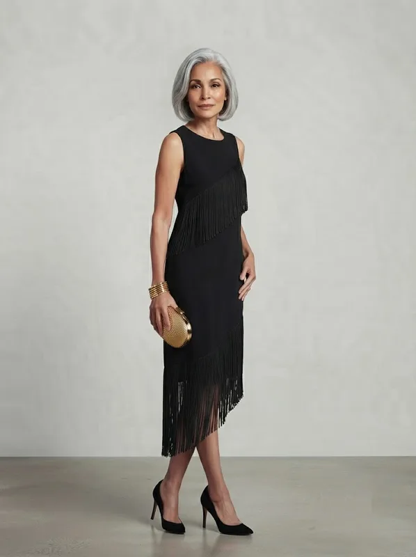 Cascade Fringe Dress | Black Asymmetric Fringe Mini Dress — photo 2