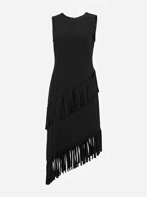 Cascade Fringe Dress | Black Asymmetric Fringe Mini Dress