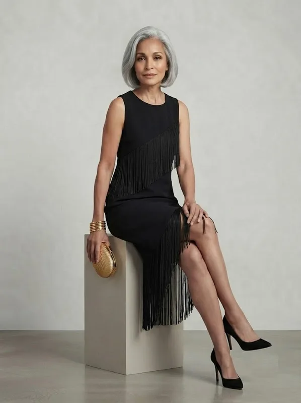 Cascade Fringe Dress | Black Asymmetric Fringe Mini Dress — photo 4