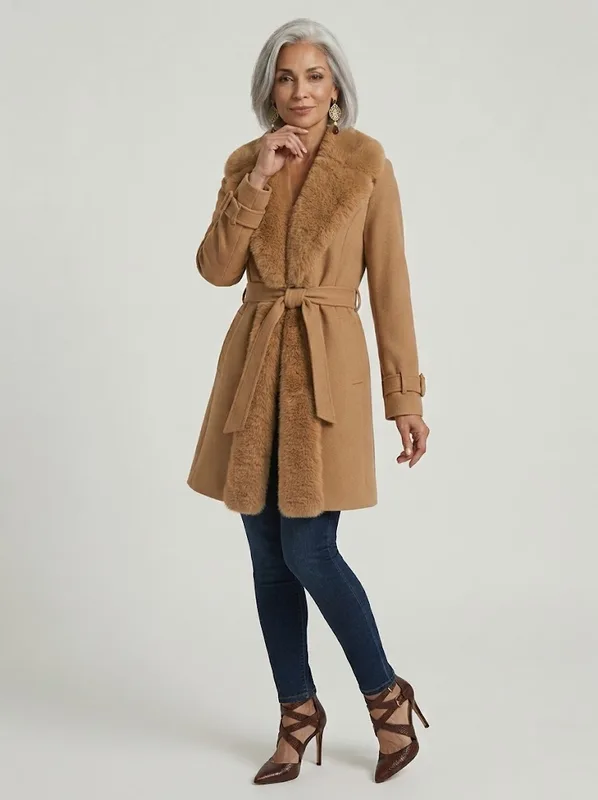 Luxe Faux Fur Trim Belted Coat