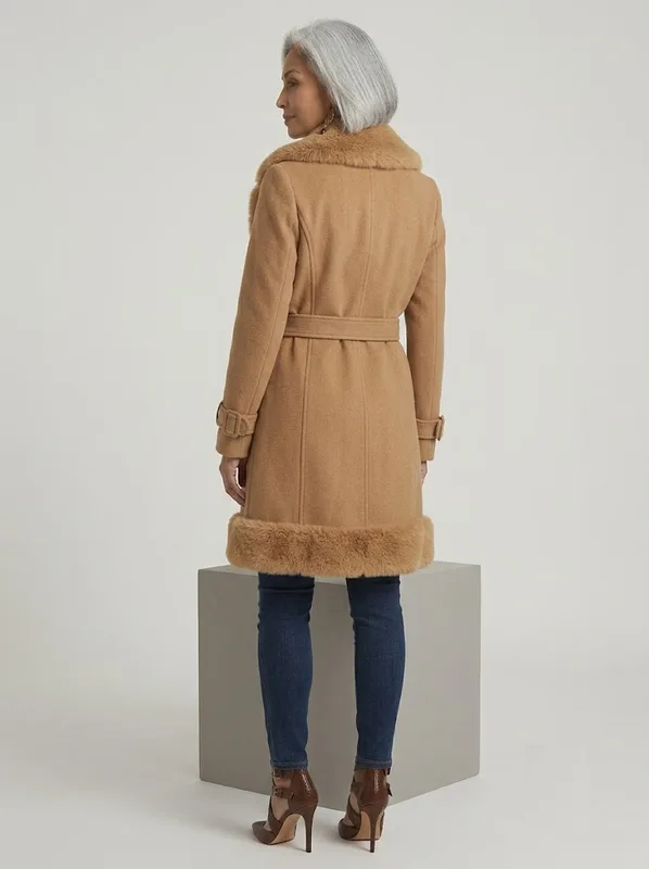 Luxe Faux Fur Trim Belted Coat — photo 3