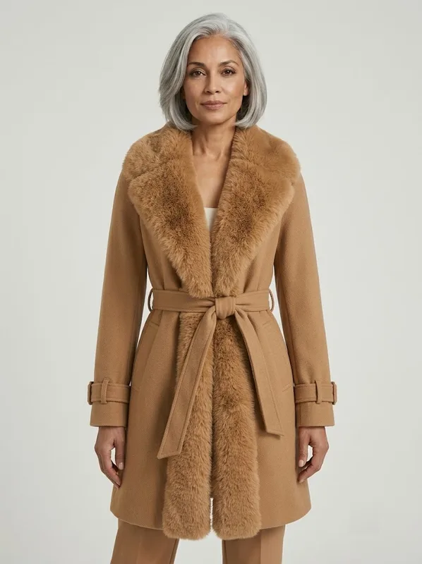 Luxe Faux Fur Trim Belted Coat — photo 6