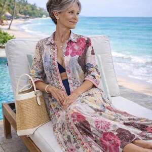 Beige Floral Maxi Shirt Dress – Artistic Button-Front Layering Style — photo 5