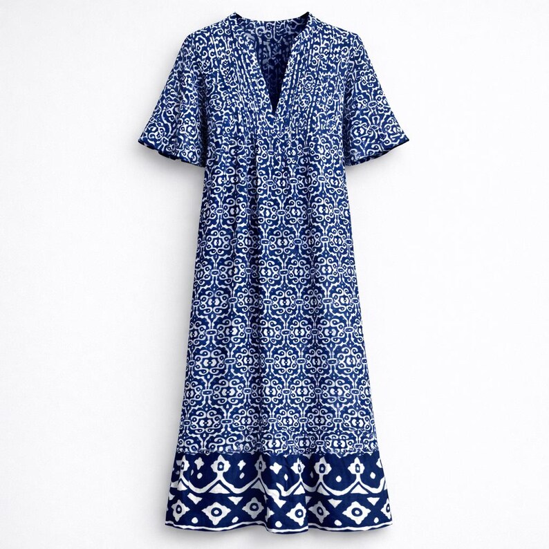 Dolma's Skye Dress Lined In A Blue Geometric Cotton | Boho Tunic Breezy Cruisewear Travel — photo 3