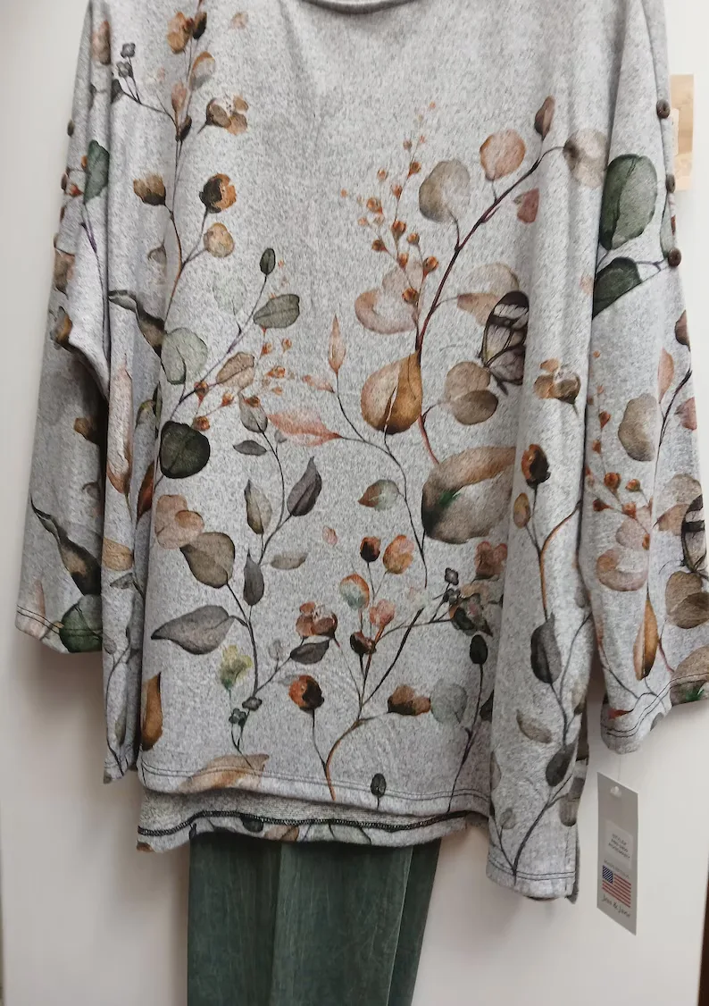 Hand Screened Floral Tunic Top: French Brushed Knit, Usa Made