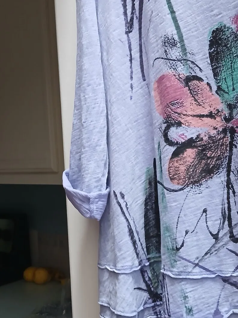 Floral Periwinkle Tunic Cotton Slub | Usa Made Travel Or Layering Top By Jess & Jane