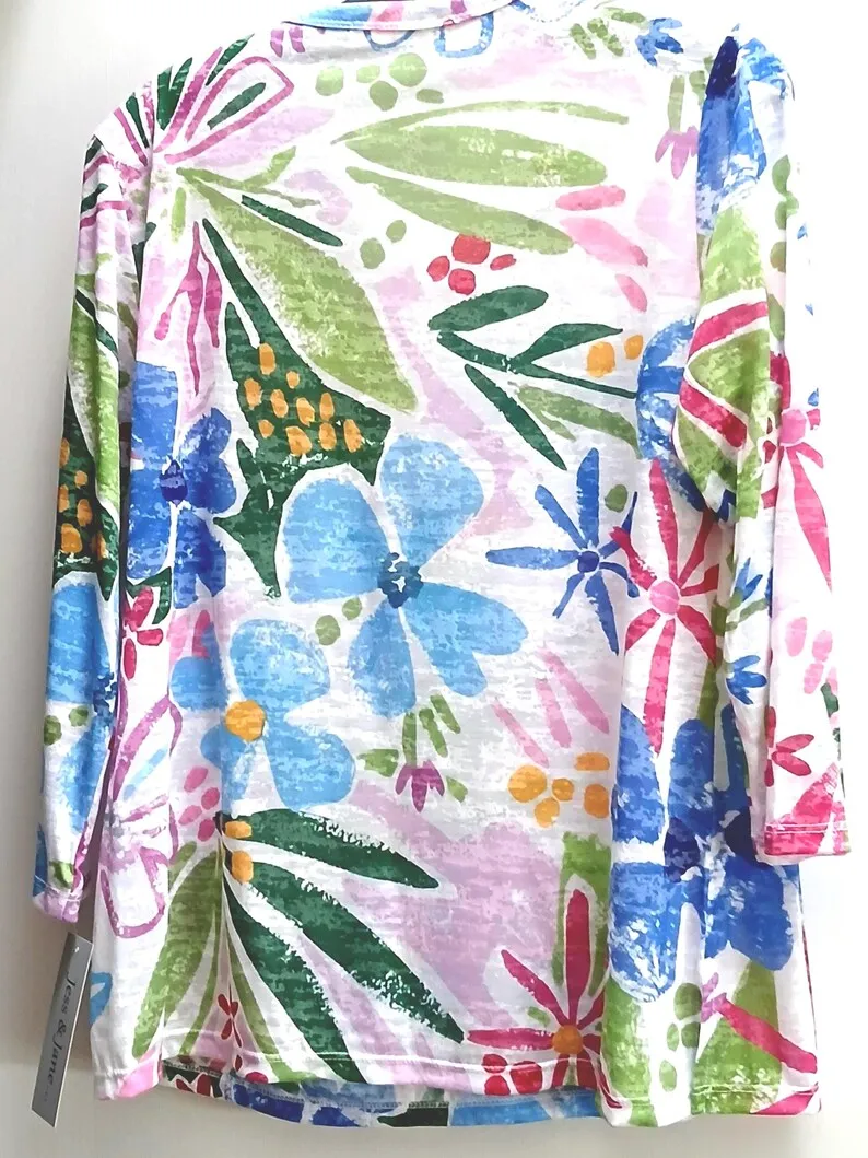 Floral Print Burnout V Neck Top | Jess & Jane, 3/4 Sleeve