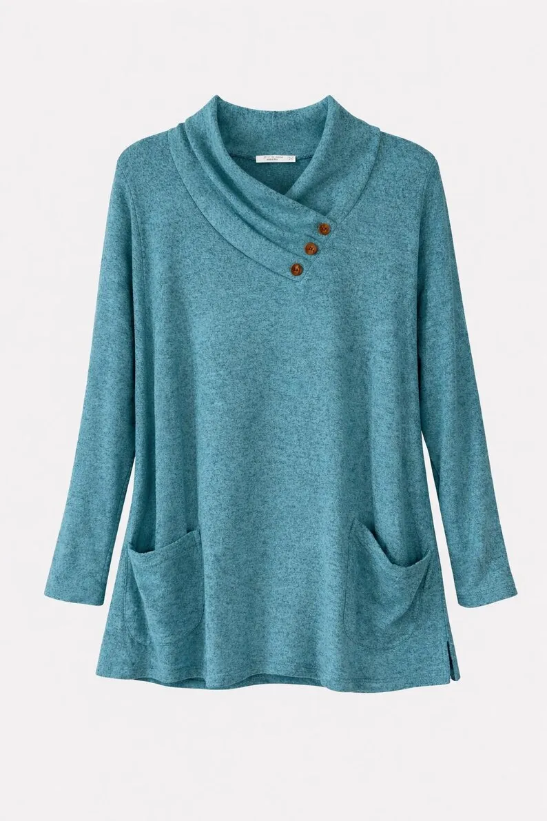 Jess & Jane Women's Brushed Hacci Pleat Neck Top Blue