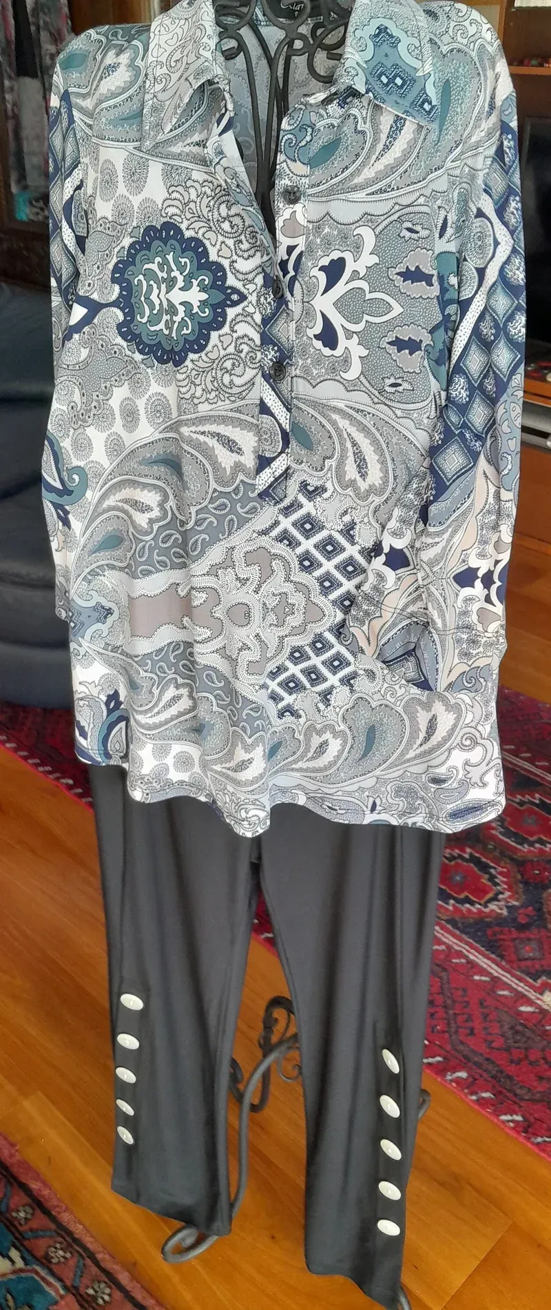 Classic Ladies Blouse Half Button Paisley Fleur Design | Steel Blue Artisan Fashion By Klaveli