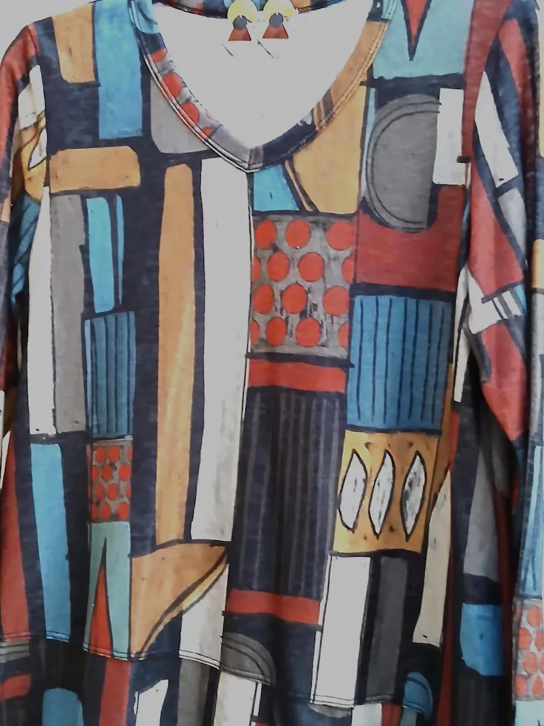 Print Knit Tunic: Earth Tones, Asymmetric Hem, V-Neck