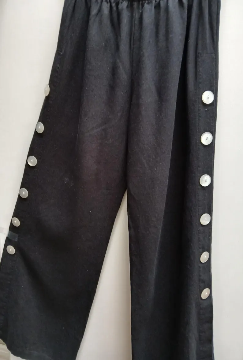 Wide Rayon Linen Pants With Unique Button Detailing | Relaxed Fit Artisan Style By Klaveli