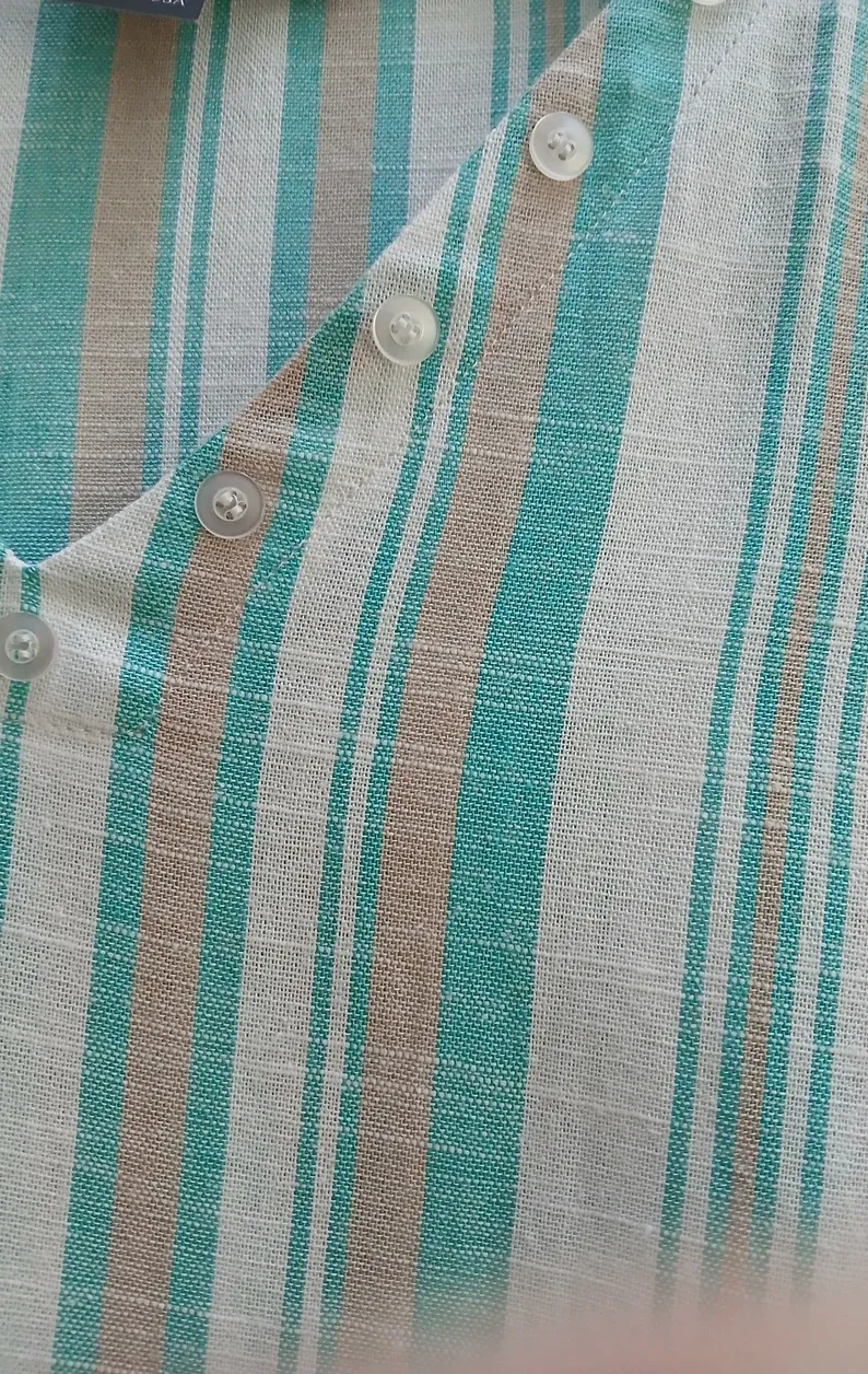 Striped Linen V-Neck Top In Green | Elegant Rayon Blend Blouse — photo 2
