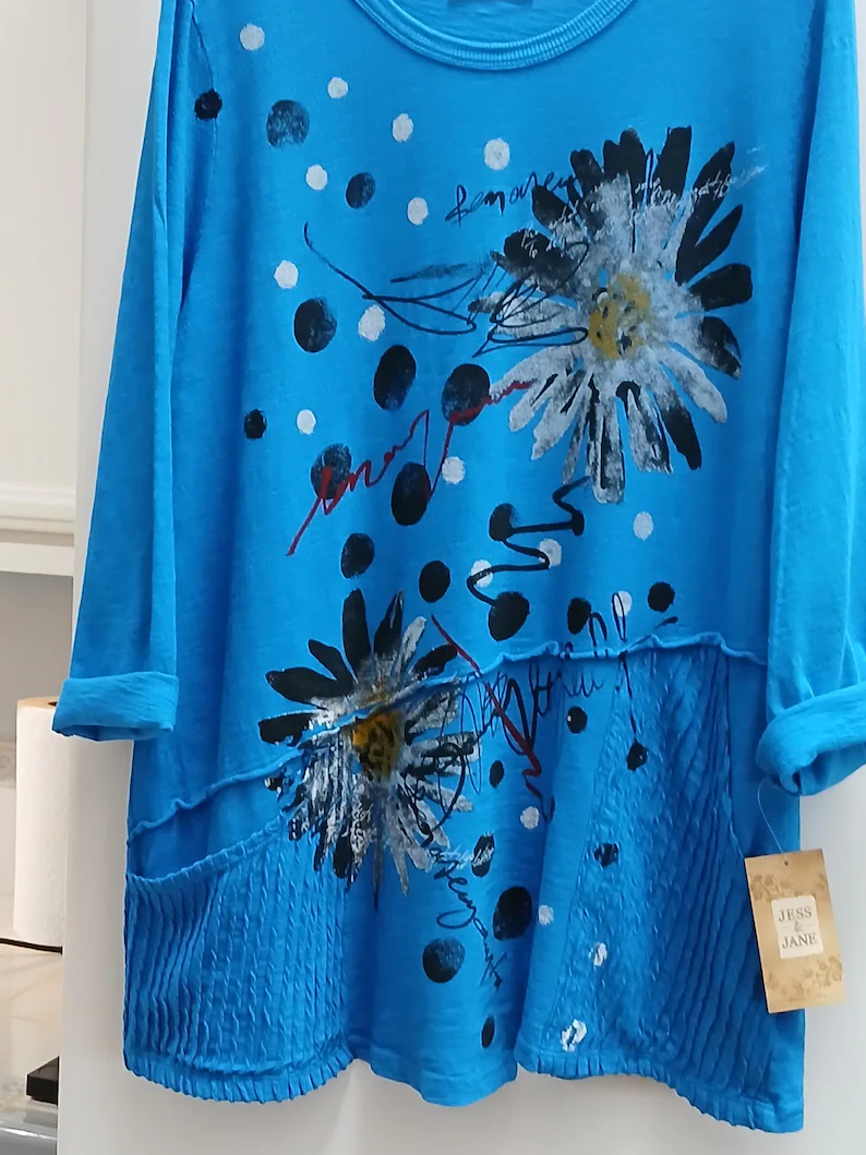 Color Trending Tunic Electric Blue Bold Daisy Print Patchwork Hem Usa