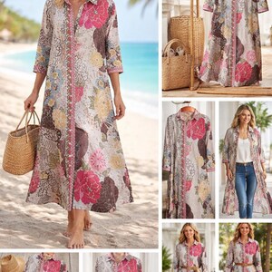 Beige Floral Maxi Shirt Dress – Artistic Button-Front Layering Style — photo 4