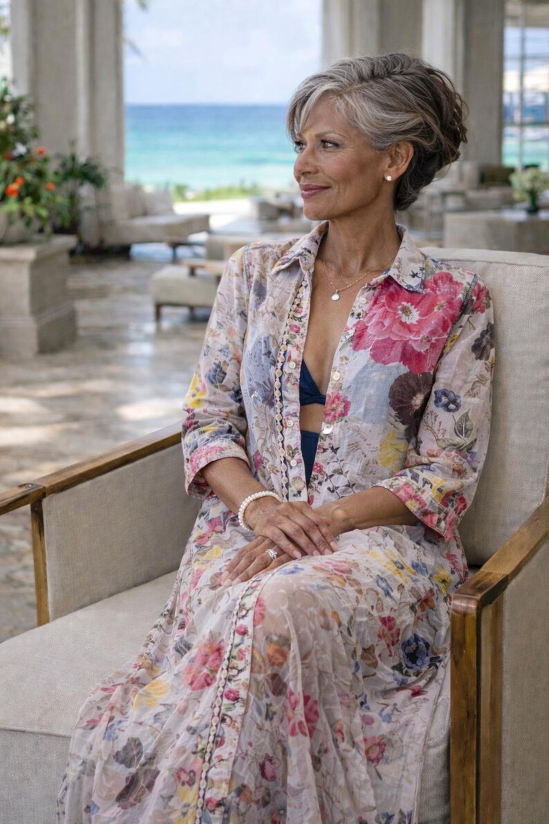 Beige Floral Maxi Shirt Dress – Artistic Button-Front Layering Style — photo 2