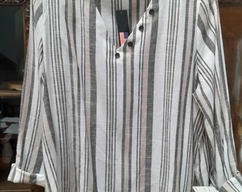 Striped Linen V-Neck Top In Green | Elegant Rayon Blend Blouse — photo 3