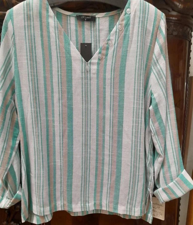 Striped Linen V-Neck Top In Green | Elegant Rayon Blend Blouse