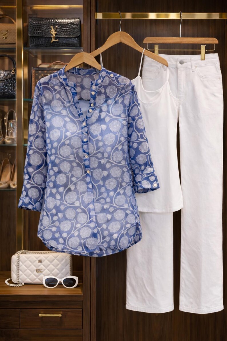 Dolma Cotton Block Print Blouse Blue Grey Tunic Boho Artisan Shirt Lightweight Cotton Top