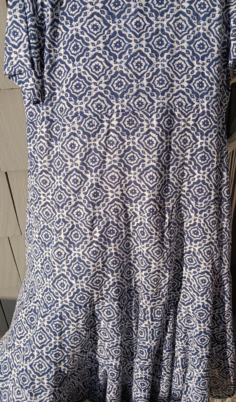 Dolma.Cotton V Neck Dress Handprint In Navy On White. Very Slightly Fitted