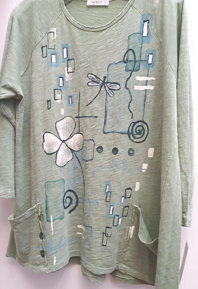 Dragonfly Art Tunic | Jess & Jane Sage Mineral Wash Cotton Top
