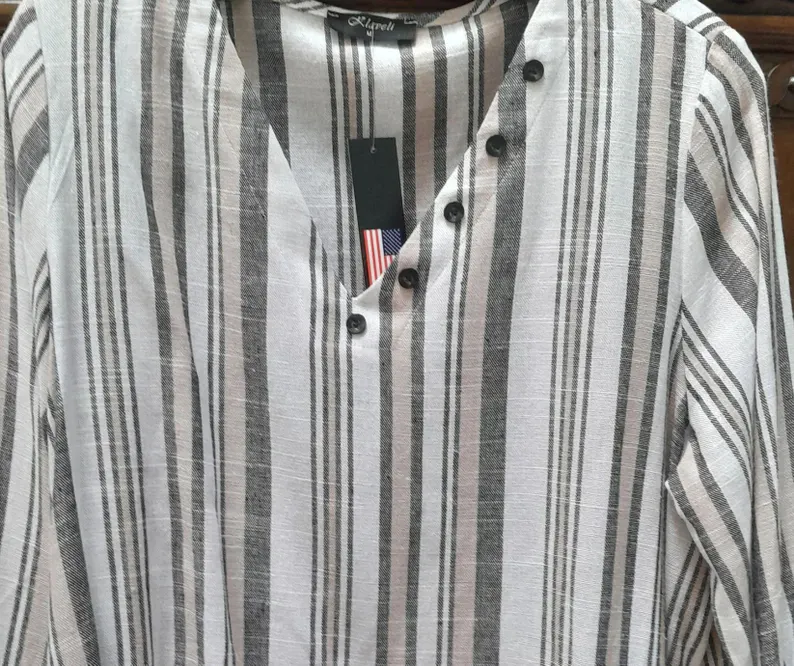 Striped Linen V-Neck Top | Elegant Rayon Blend Blouse — photo 2