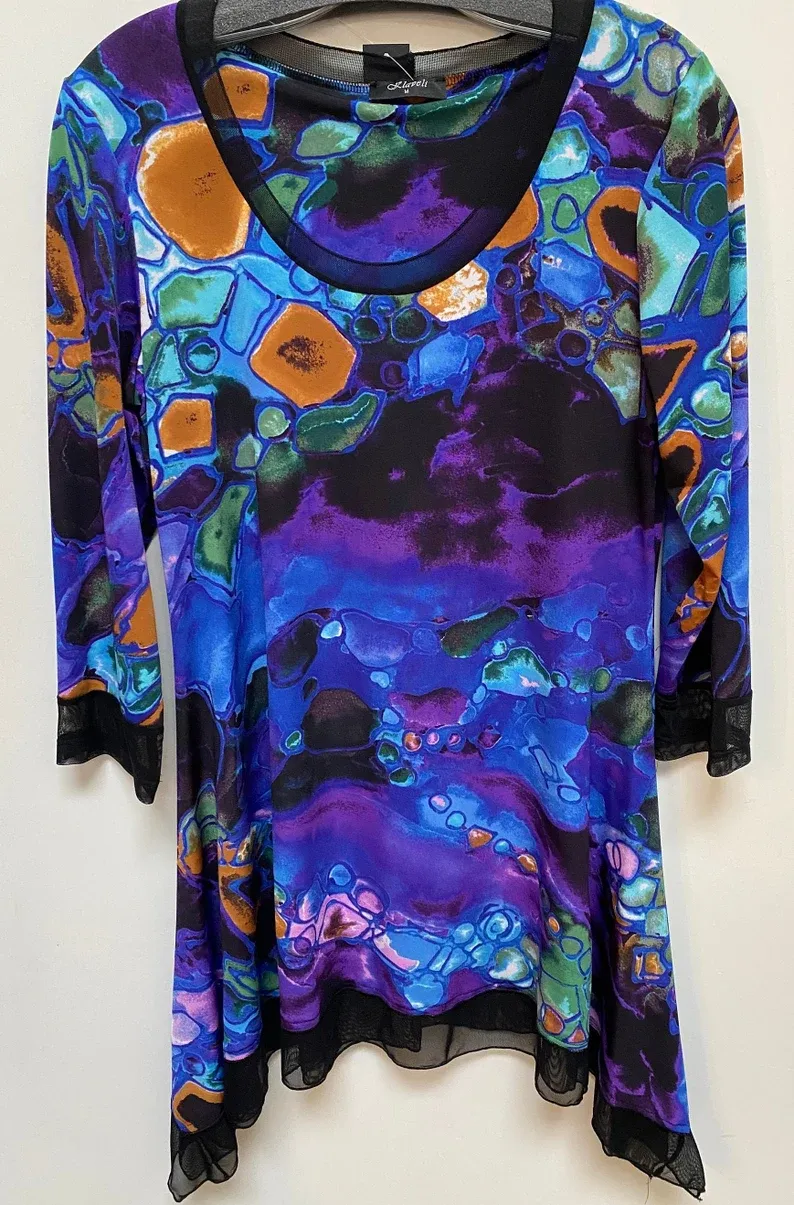 Abalone Printed Tunic. One Of A Kind And Custom Made. Tailored To Flatter. Black Lace Special Edge Treatment. Any Dressy Event.