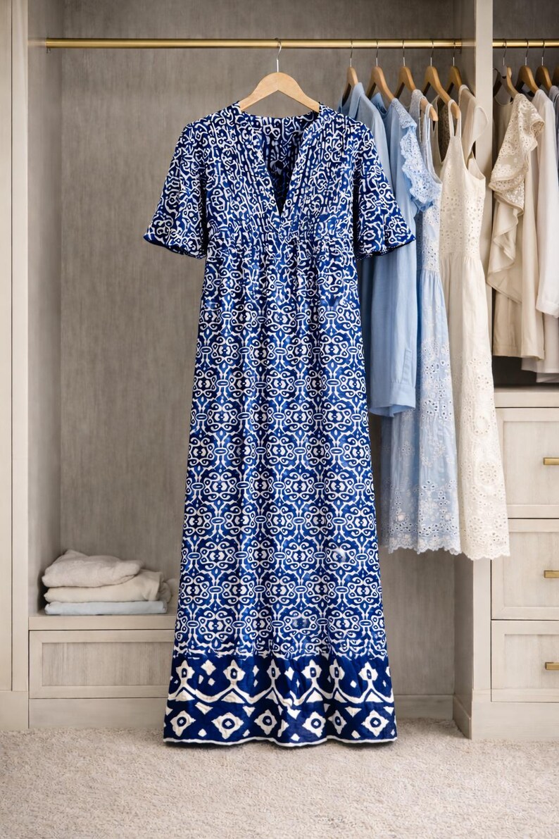 Dolma's Skye Dress Lined In A Blue Geometric Cotton | Boho Tunic Breezy Cruisewear Travel