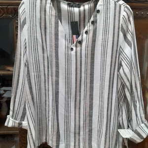 Striped Linen V-Neck Top | Elegant Rayon Blend Blouse — photo 4