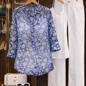 Dolma Cotton Block Print Blouse Blue Grey Tunic Boho Artisan Shirt Lightweight Cotton Top — photo 5