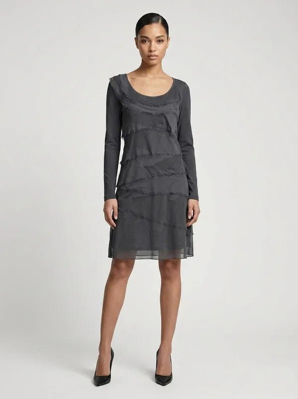 Slate Tiered Silky Fringe Dress