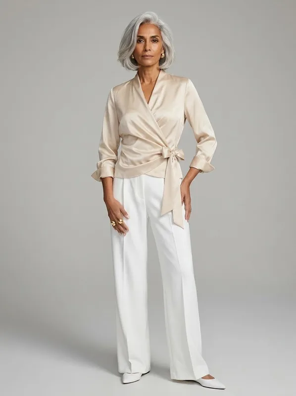 Champagne Satin Wrap Tie Blouse