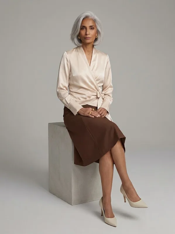 Champagne Satin Wrap Tie Blouse — photo 2