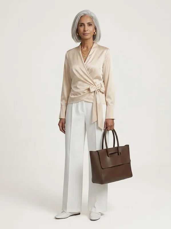 Champagne Satin Wrap Tie Blouse — photo 3