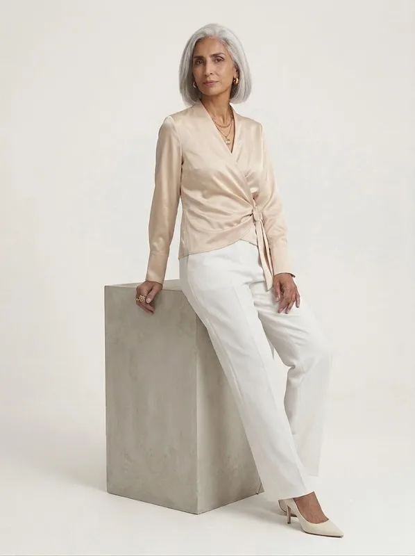 Champagne Satin Wrap Tie Blouse — photo 4