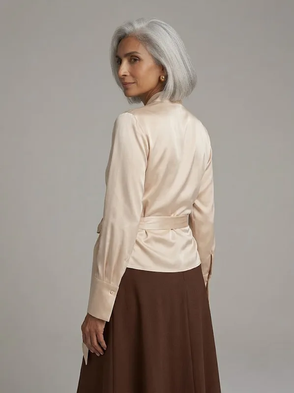 Champagne Satin Wrap Tie Blouse — photo 5