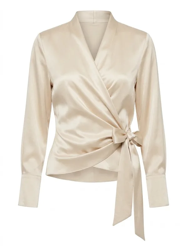 Champagne Satin Wrap Tie Blouse — photo 6