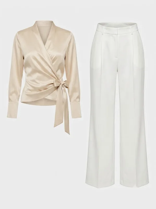 Champagne Satin Wrap Tie Blouse — photo 7