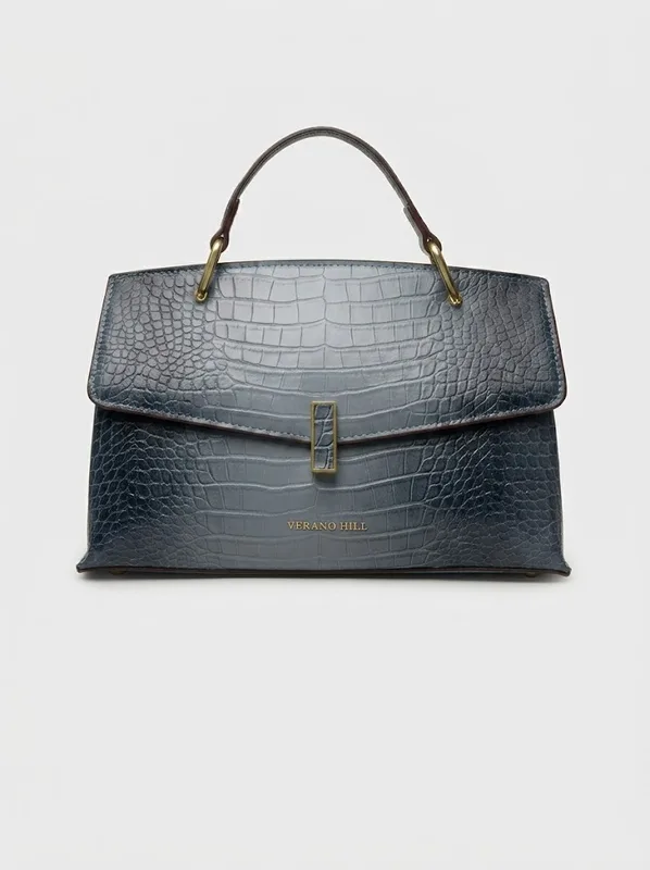 Slate Croc Top Handle Satchel | Steel Blue Croc Embossed Handbag