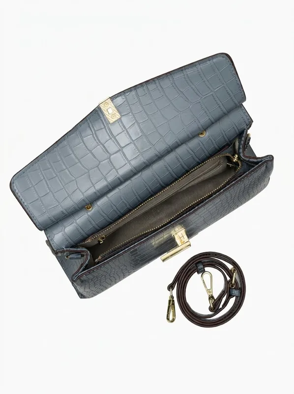 Slate Croc Top Handle Satchel | Steel Blue Croc Embossed Handbag — photo 4
