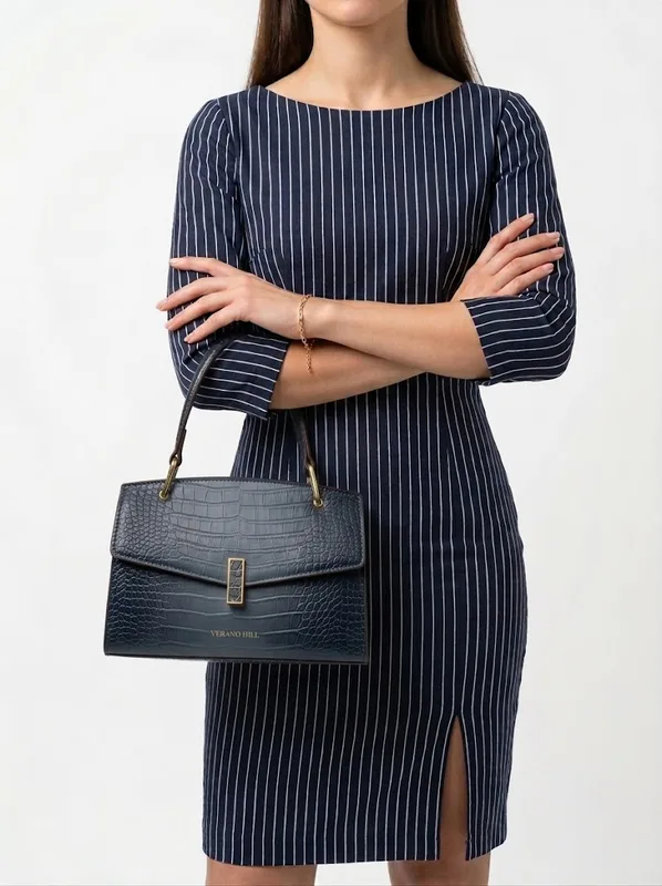 Slate Croc Top Handle Satchel | Steel Blue Croc Embossed Handbag — photo 2