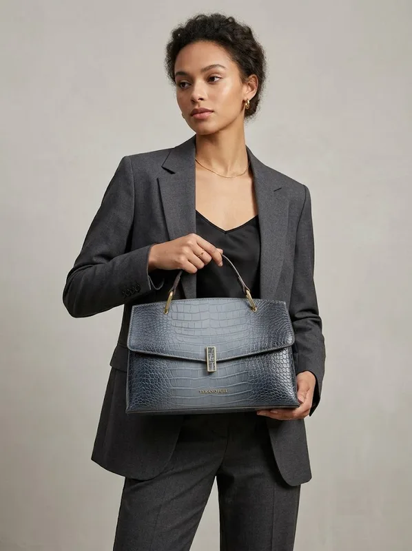 Slate Croc Top Handle Satchel | Steel Blue Croc Embossed Handbag — photo 3