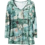Green print V-neck women's blouse with button front modern two layer trim USA made by Jess and Jane