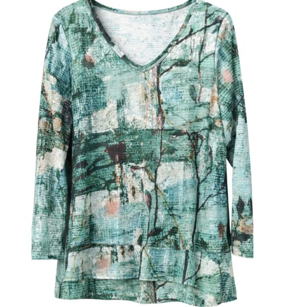 Green print V-neck women's blouse with button front modern two layer trim USA made by Jess and Jane