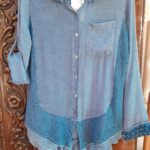 Blue embroidered top denim look gauze | lightweight summer blouse with lace detail boutique designer style by Kamana