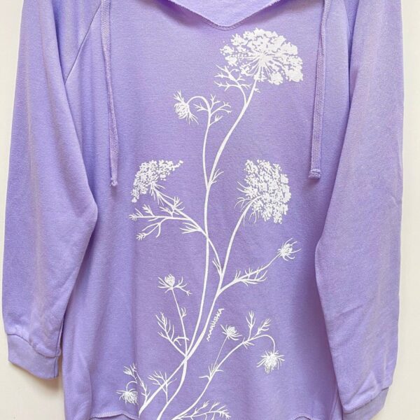 Queen Anne’s lace hoodie handprinted lavender fleece | notch neck lightweight sweatshirt soft cozy gift for her by Marushka