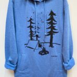 Handprinted fleece hoodie limited edition campsite print | blue heather,black print. This is a warm winter fleece but soft and light.