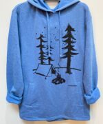 Handprinted fleece hoodie limited edition campsite print | blue heather,black print. This is a warm winter fleece but soft and light.