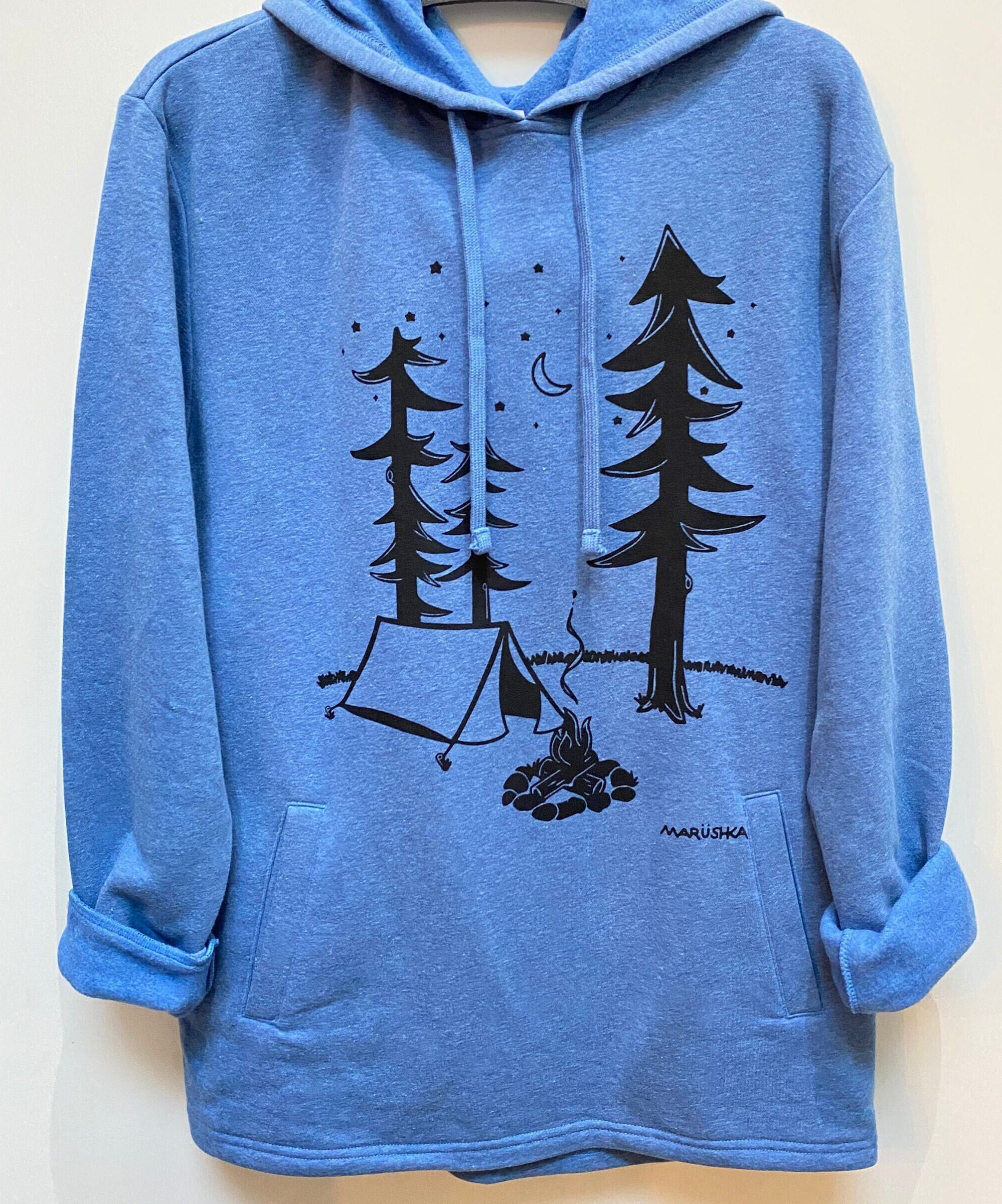il_fullxfull.5677424493_w4qw.jpg Handprinted fleece hoodie limited edition campsite print | blue heather,black print. This is a warm winter fleece but soft and light. - Image 1