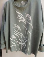 Drop shoulder Crewneck Sweatshirt with Beachy hand screen on sage.